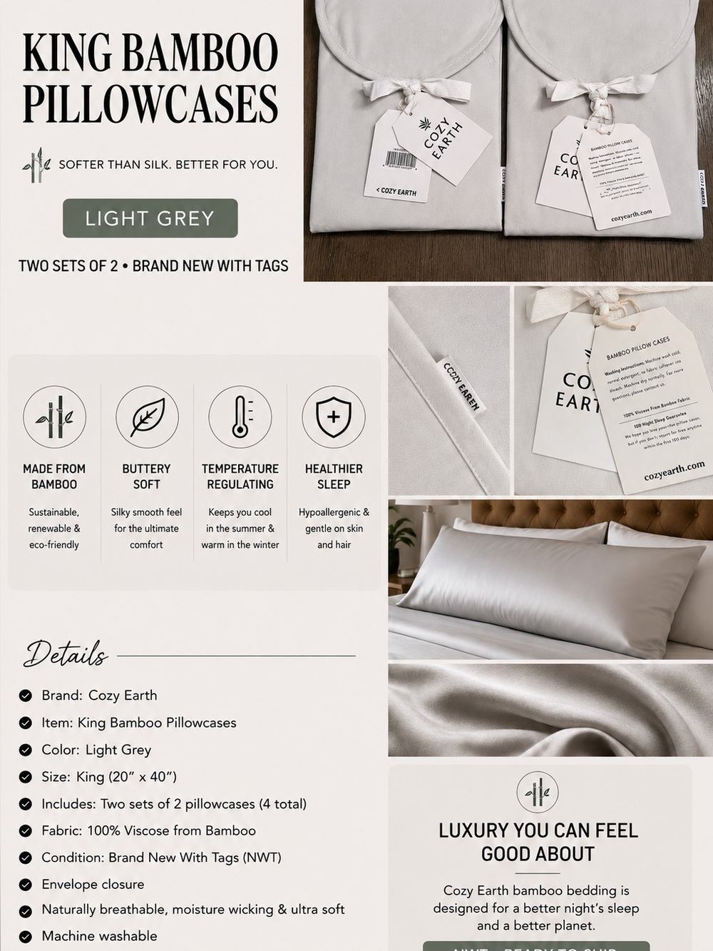 BRAND NEW Cozy Earth King Bamboo Pillowcases - Light Grey Two Sets of 2 NWT